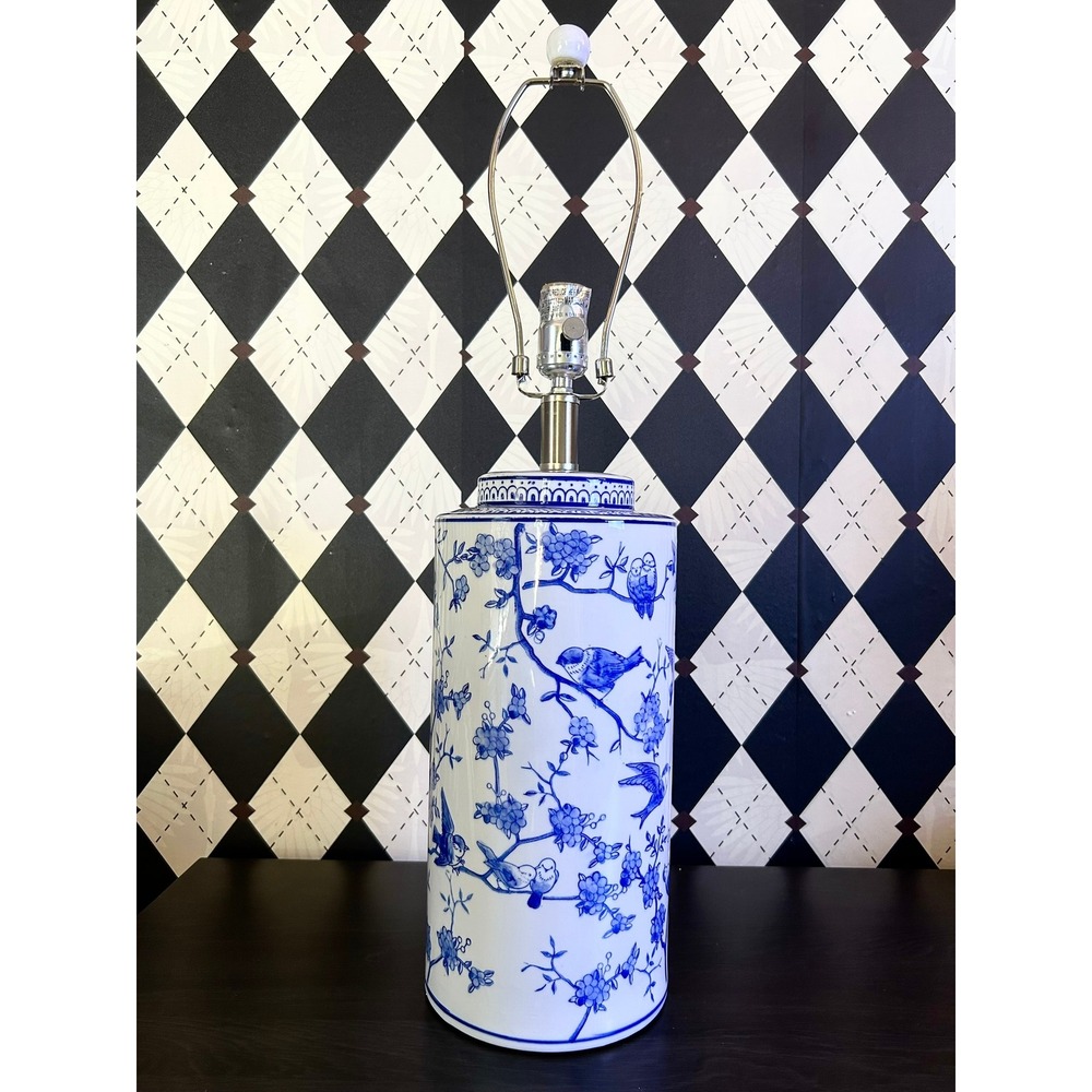 Tall Blue White Chinoiserie Table Lamp Ceramic Bird Floral Ginger Jar 25.5" - Picture 15 of 15